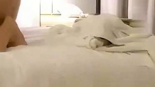Small titted brunette teen fingering on the bed