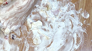 Playing with a whipped cream fruit bowl with my feet