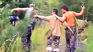 Threesome gay fuck on the railroad