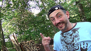 Sexy brunette loves hard threesome outdoor fuck