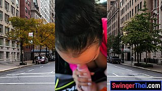 Thai MILF big cock car blowjob in public