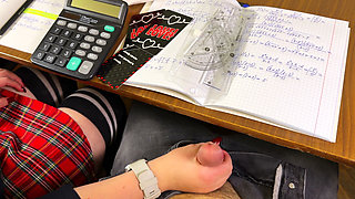 High Schoolgirl Stroking Him off in Math Class Under the Table. at College