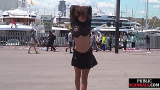 Small tits babe publicly whipped by master and mistress outdoors