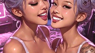 Cyberpunk Lesbians Tongue and Kiss Fetish, Ai Animation
