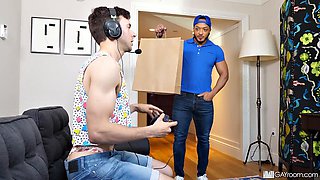 Nerdy Gamer Twink Pays Delivery Driver Tip with Tight Ass After Steamy Blowjob and Big Butt Action