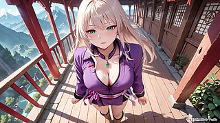 Purple Kimono Warrior! Forbidden Teasing in the Japanese Dojo. Kneeling with a sword, lifting her hem to reveal secrets.