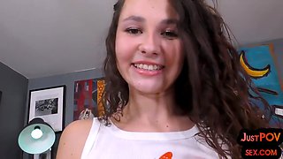 Cute 21 year old girlfriend with small tits gets fucked while talking dirty in POV