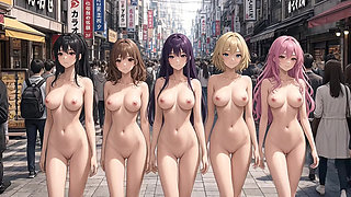 Five naked beauties are walking naked down the street