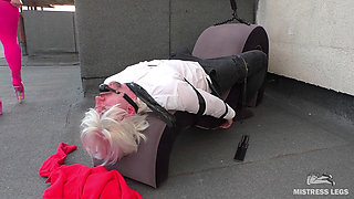 Intense Rooftop Nylon Ass Riding Boss Lady Non-stop Grinds Her Employee's Face in Shiny Pink Tights