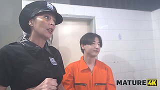 Watch these kinky mature ladies shower with young dude for a steamy public fuck fest