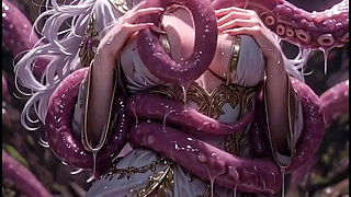 White-haired Elven Priestess with Worm Monster, Anime Hentai
