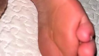 Kinky guy rubbing cock on sleeping wife's smooth soles