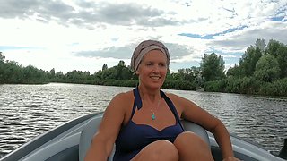 Sexy Old Weekend Housewife in One Piece Swimsuit on Boat