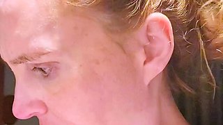 Blonde amateur MILF sucks and jerks for facial