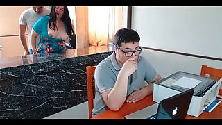 My Cuckold Husband Works While My Stepson Fucks Me in the Kitchen No