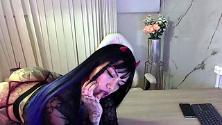 Small titted brunette Sharron with glasses masturbates