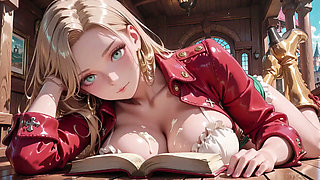 Blonde Pirate Queen! Red & Green Uniform so Sexy Languid Poses in a Retro Ship Cabin, Sunlight Hitting Her Glistening Skin