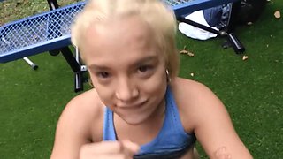 Mimi Monet looks cute and rides hard cock in public