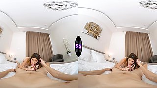 Virtual reality sex with hot brunette peaches on the bed