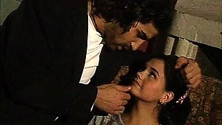 Busty curly brunette with big boobs fucks on couch