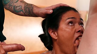 Dana Vespoli deepthroats two hard dicks before getting fucked in both holes