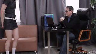 Tess tempts her tricky old tutor and he pounds her good