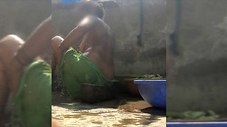 Elder step-sister's daughter bathes naked in bathtub in open bathroom of maternal uncle's house