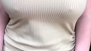 Busty curly brunette with big boobs fucks on couch