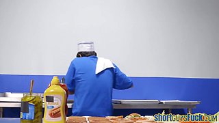 Short guy fucks busty cum loving MILF in fast food kitchen