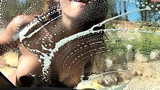 Attractive brunette teenager with big boobs fingering pussy