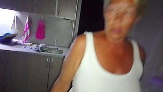 A neighbor fucked me on the street and in the kitchen in a caf&eacute;