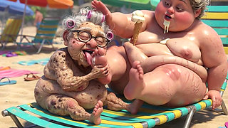 Elderly Granny Passionately Sucking BBW Feet on the Beach