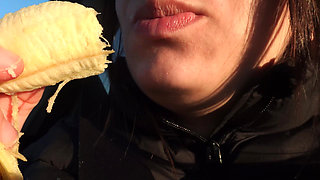My Indian Stepsister Sucks Banana in Car and Does Mouth Fetish After Sucking Banana and Eating It
