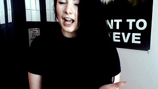 Busty curly brunette with big boobs fucks on couch