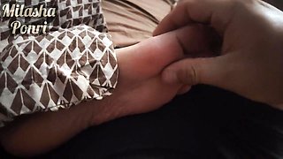Step-sister's soles get a light rubdown while seeing a video