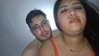 18 year old brunette with big saggy tits from New York USA fucking her stepbrothers big cock
