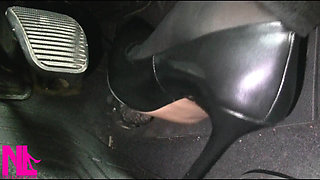 Revving and Driving in Black Pantyhose and Grey High Heels